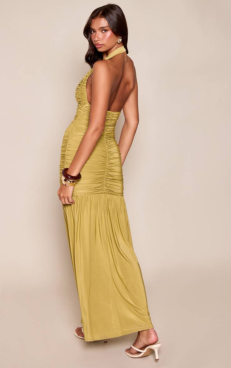 Vert Olive Robe Longue Dos Nu Froncée Col Licou En Jersey Fluide