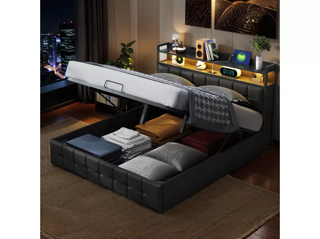 Lit coffre rembourré 160x200cm en tissu de pu - avec LED et port de charge - avec sommier à lattes - Noir