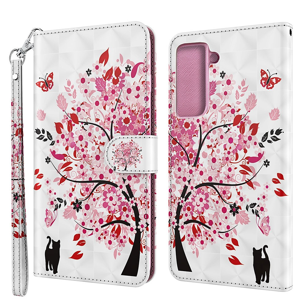 Samsung Galaxy S21 FE 5G Leder Tasche mit Kartenfach   Handschlaufe - Blühender Baum (Rosa)