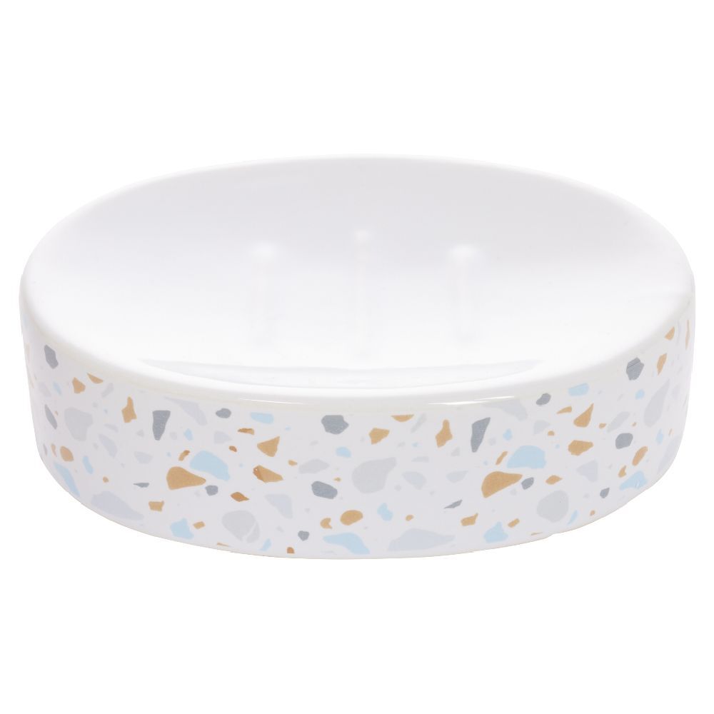Porte-savon céramique motif terrazzo blanc et bleu 13x8,5xH3cm