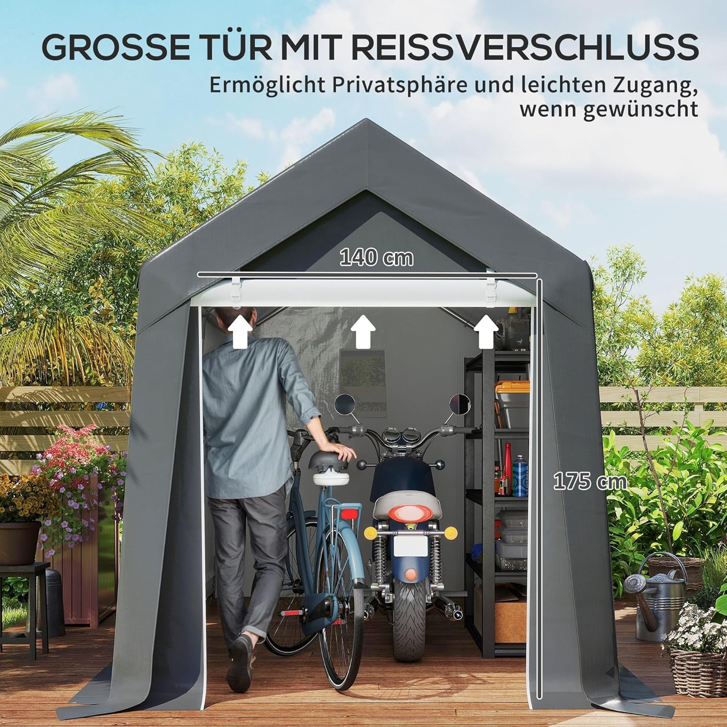 Outsunny Garagenzelt für Fahrräder, wasserdicht Zeltgarage mit Tür, Anti-Staub-Fahrradabdeckung Gerätezelt Foliengerätehaus für Außenbereich, Garten, 210 x 360 x 235 cm, Dunkelgrau