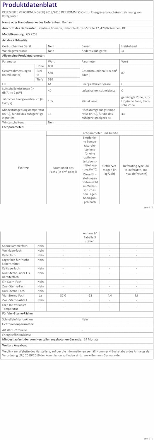 Bomann, Congélateur 87L GS7253-Blanc 4 Étoiles, Contrôle Progressif de Température, 3 Tiroirs, Bac à Glaçons, Réversible, Classe N/ST/T, Idéal pour Viandes et Légumes, Niveau Sonore 40 dB