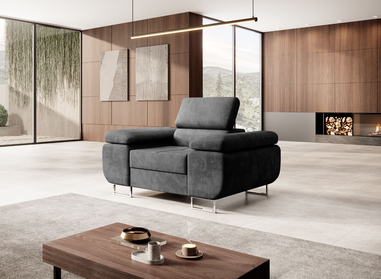 M-Punk Polstergarnitur Miami 3-2-1 Samtstoff Grau Anthrazit mit Bett Kopfteilverstellung Bett Sofa Schlafsofa Wohnlandschaft