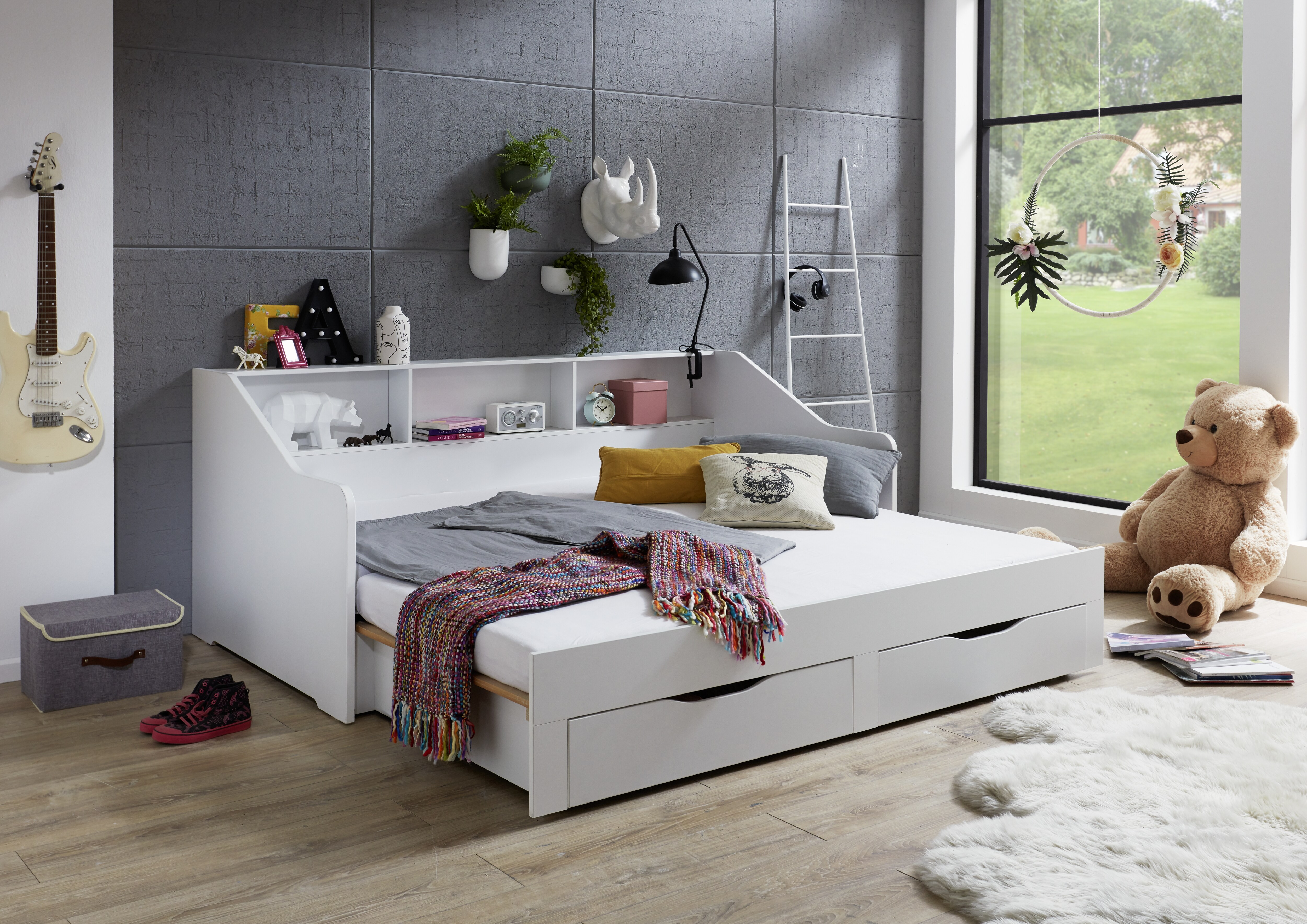 Relita - Funktionsbett Rene 90x 200 auf 180 x 200 cm Liegefläche ausziehbar, inkl. 2 Schubladen und Regal, Ausf. Dekor Weiß