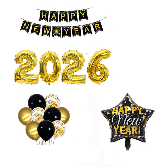 (28-tlg. Set) Happy New Year Girlande 2026 Silvester Party Dekoration   Folien Ballons / Latex Luftballons / Quasten Girlande - Gold / Schwarz