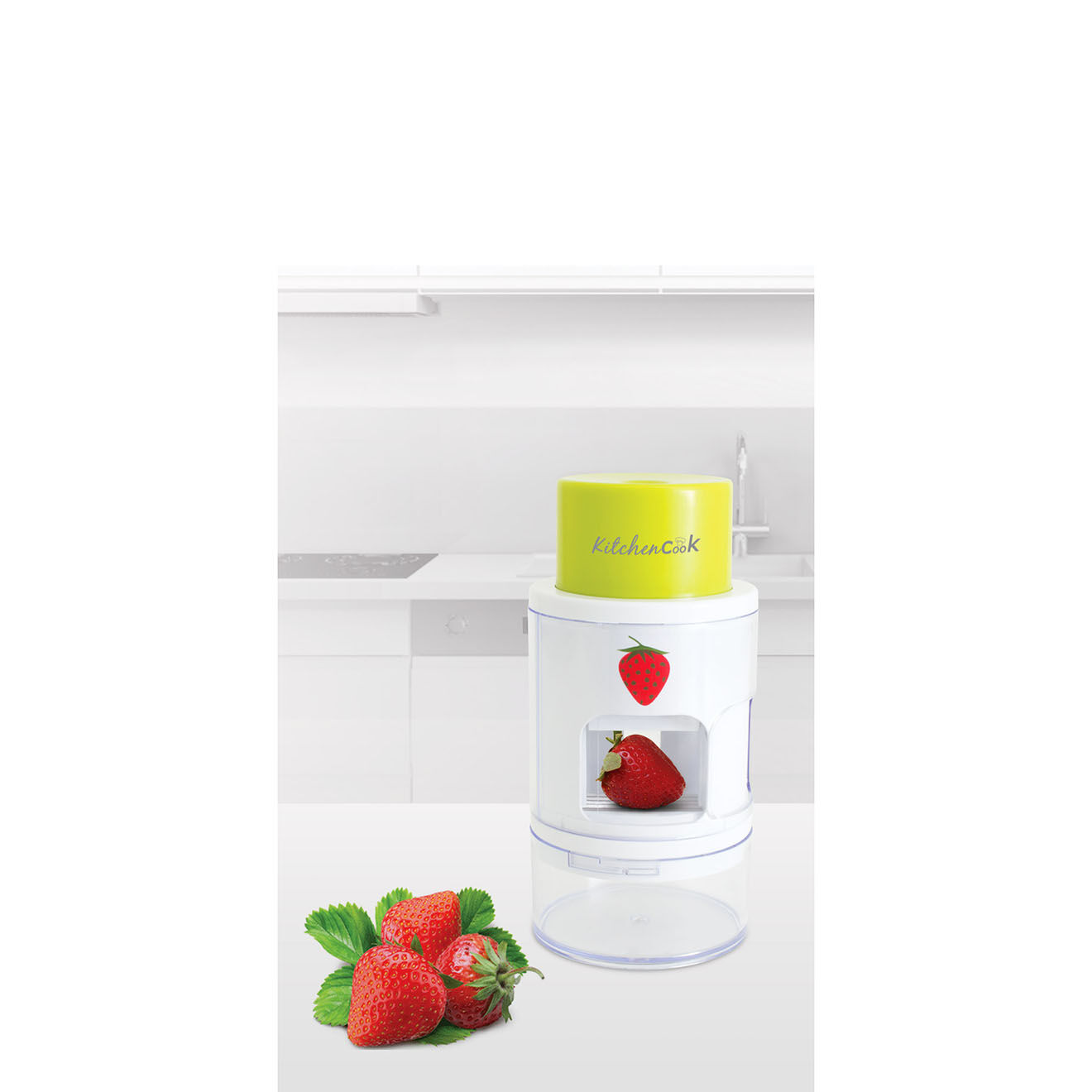 Kitchencook Coupe fraises et dénoyauteur à cerises vert/blanc - 36.5x27x36 cm