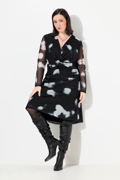 Meshkleid, doppellagig, Punkte, V-Ausschnitt, Langarm