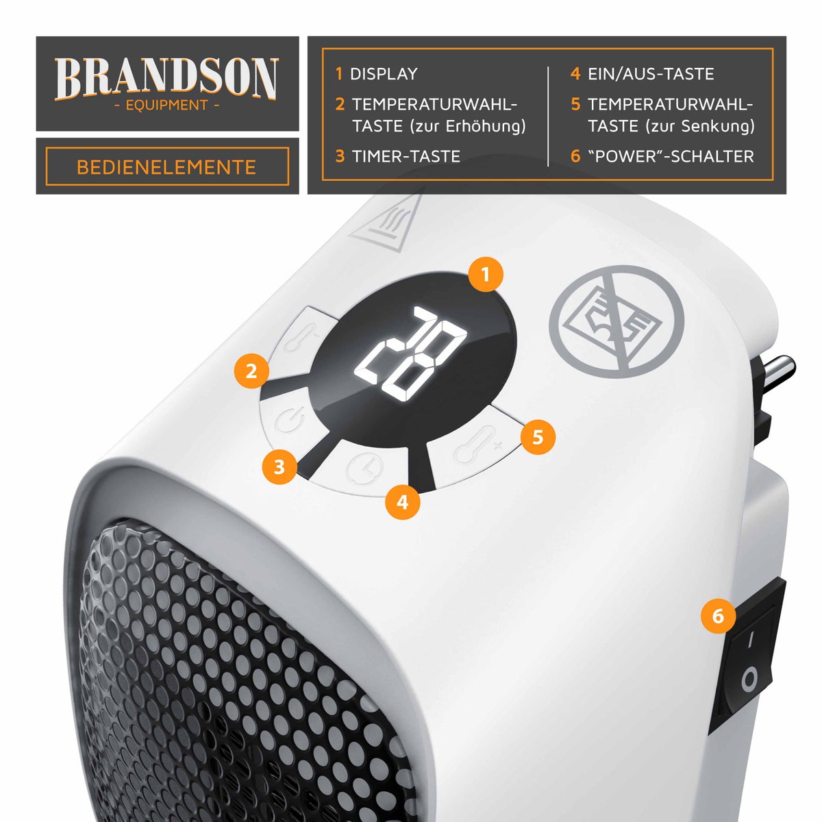 Brandson Plug-in ventilatorkachel met afstandsbediening en timer, 400W ventilatorkachel, oververhittingsbeveiliging, automatische uitschakeling, wit