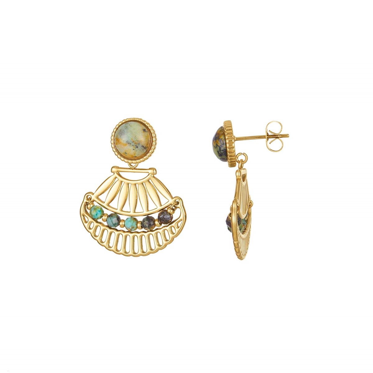 Boucles Inka pierre Pin Africain acier doré or