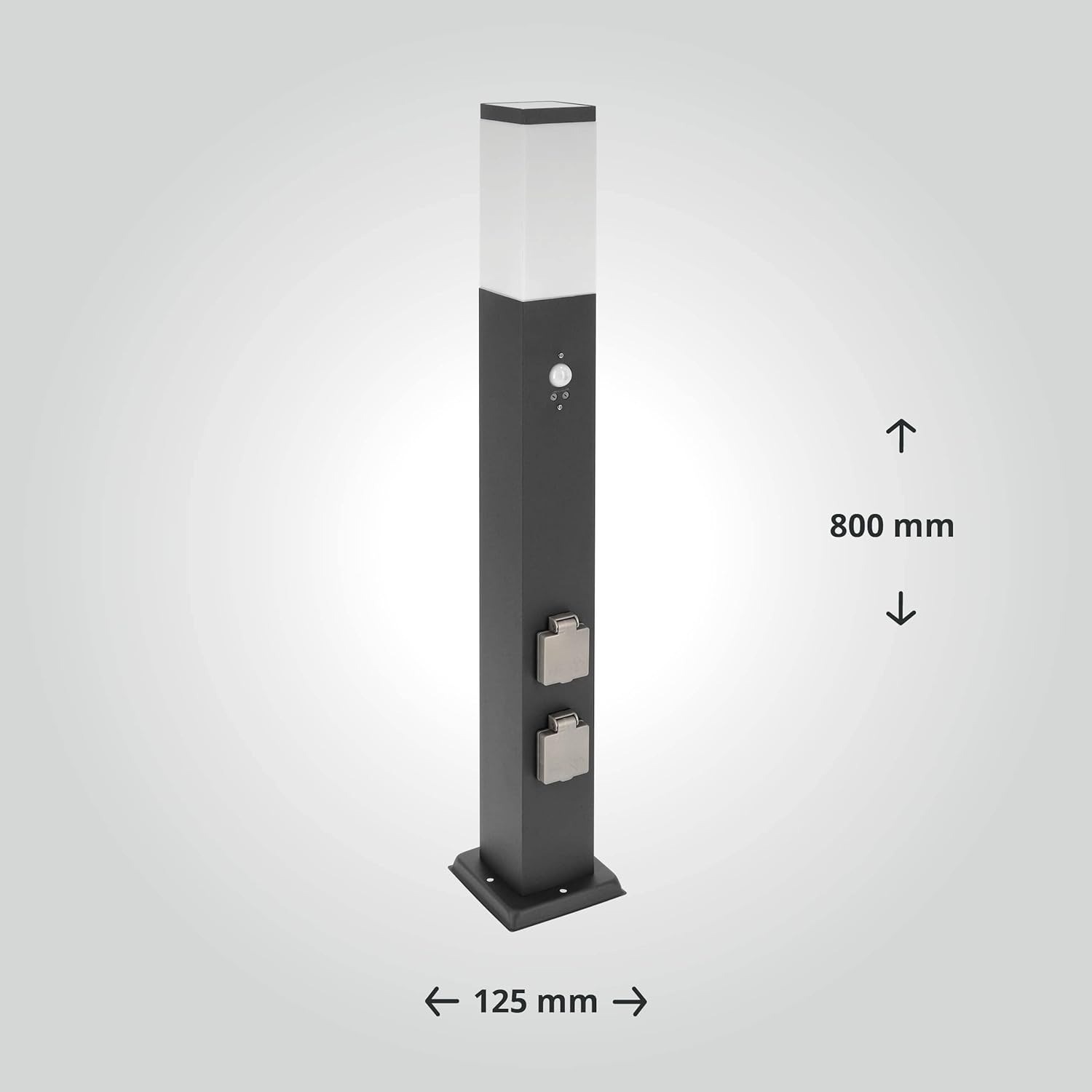 LED Universum Wegeleuchte mit 80cm Edelstahl Außenleuchte Stehleuchte Energiesäule Stromsäule Stromverteiler für den Garten Gartensteckdose (Anthrazit mit Bewegungsmelder und 2 Steckdosen)