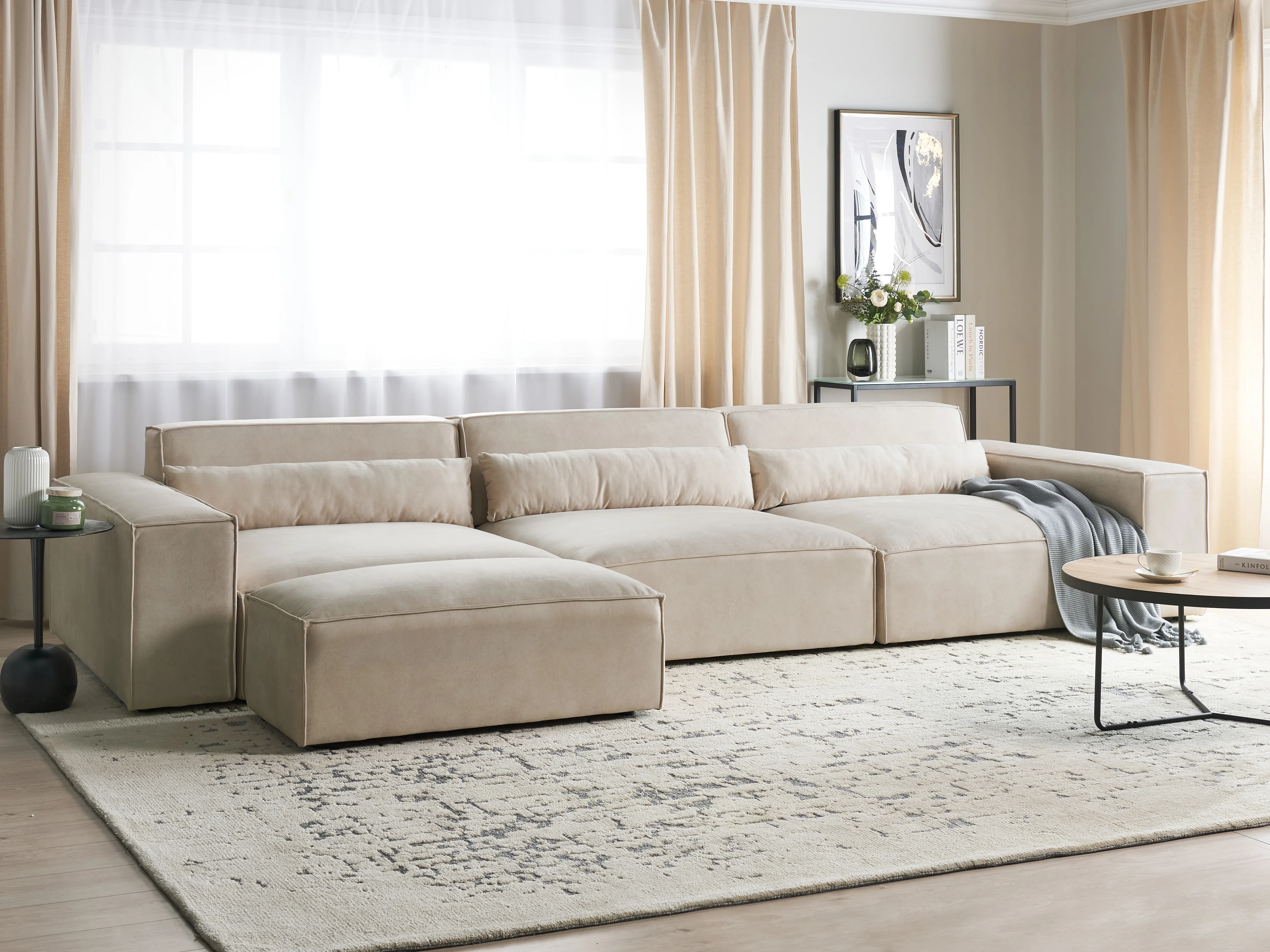 Modulaire bank 3-zits HELLNAR Fluweel Lichtbeige met ottomaan