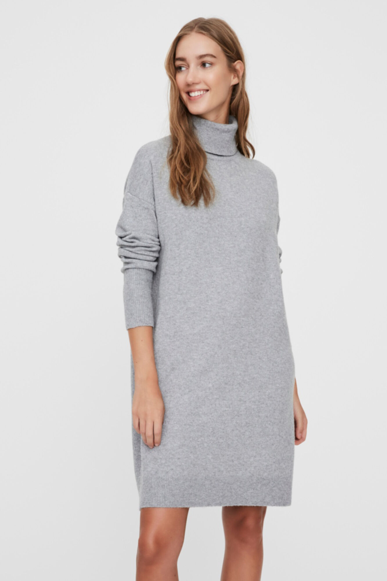 Vestido de malha com gola alta - Cinza