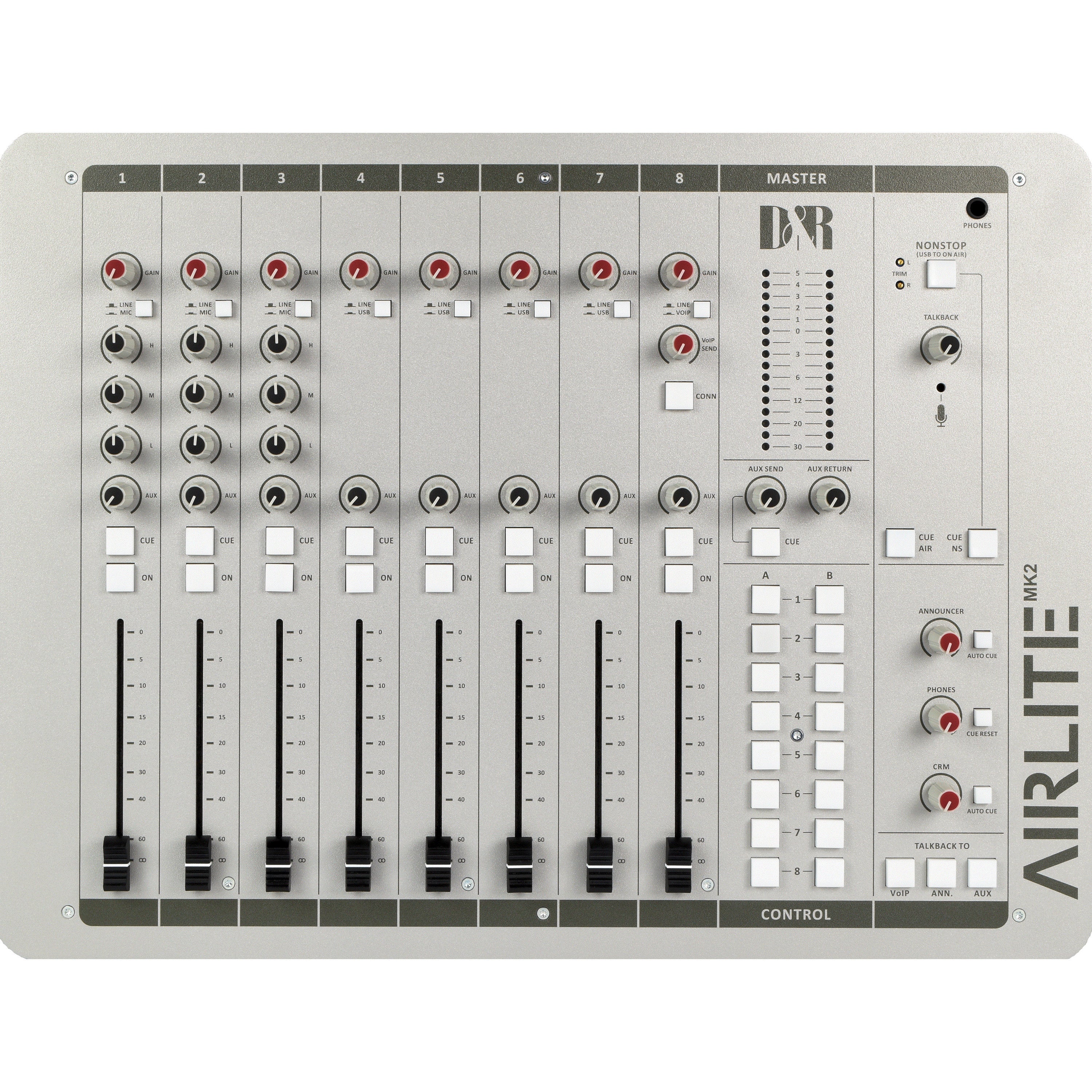 D&R Airlite-USB MK2 8-kanaals Radio On-Air mengpaneel 3x Mic, 4x USB, 1x VoIP