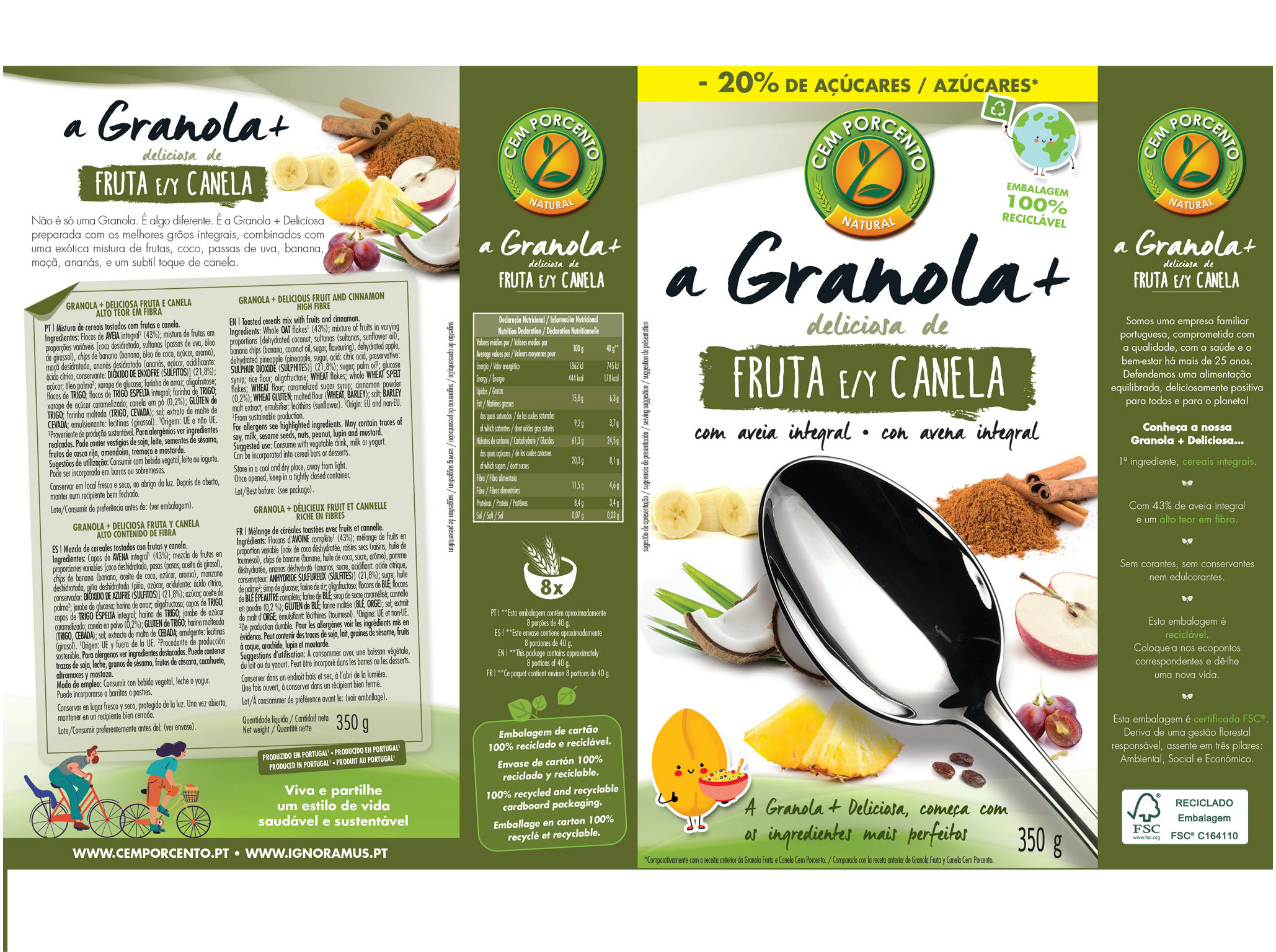 GRANOLA CEM PORCENTO FRUTA E CANELA 350G