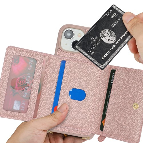 iPhone 14 / iPhone 13 Necklace Leder Hülle mit Münzfach und Kartenfächer   Finger Griff Halterung   Handykette - Roségold