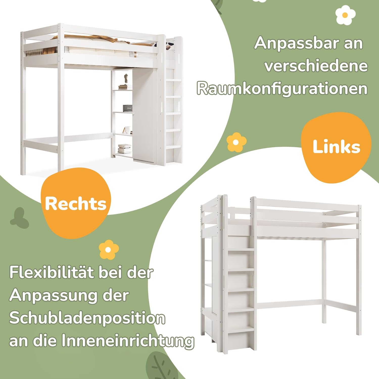 Kinderbett Hochbett 90x200 cm Weiß mit Kleiderschrank | Etagenbett mit 6 Regalen & Schreibtisch unter dem Bett | Hochbett, EN 747-1 zertifiziert & kippsicher | Loftbett aus Massivholz(ohne Matratze)