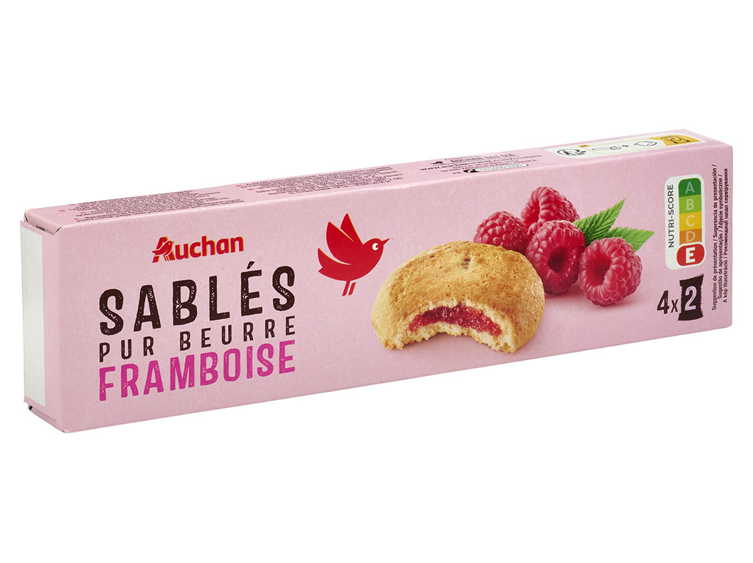 BISCOITOS AUCHAN AREADOS MANTEIGA RECHEADO FRAMBOESA 100G