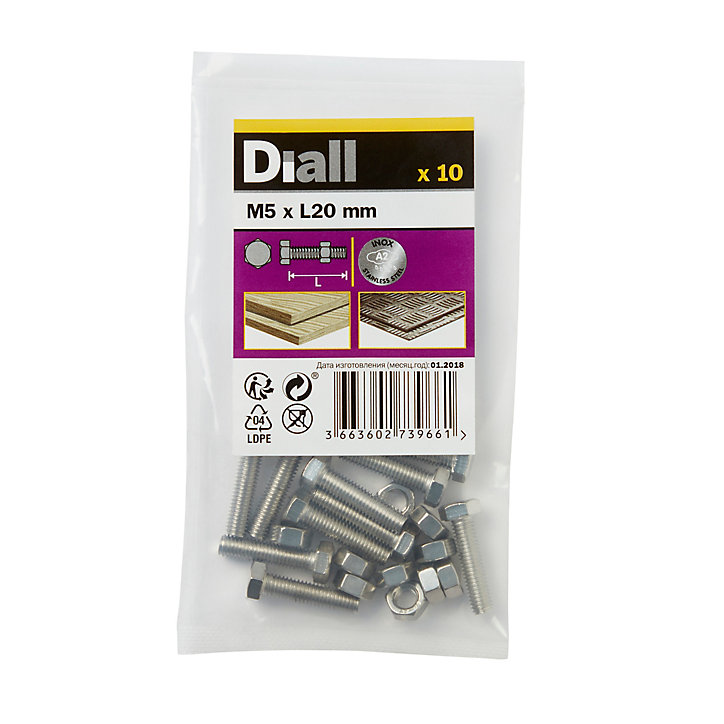10 boulons tête héxagonale inox 5 x 20 mm