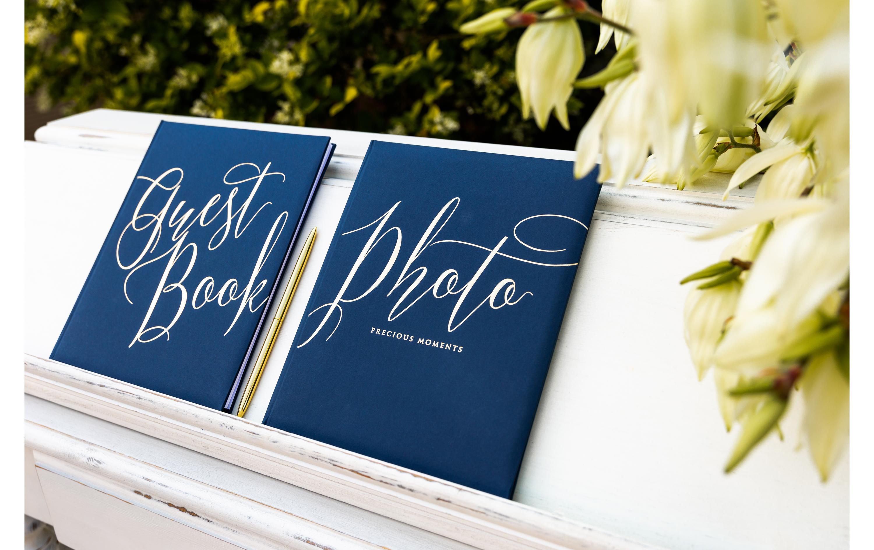 Gästebuch Guest Book 20 x 24.5 cm, Blau/GoldGuest book als Erinnerung an die Hochzeit, den Geburtstag, die Einweihungsfeier oder die Babyshower