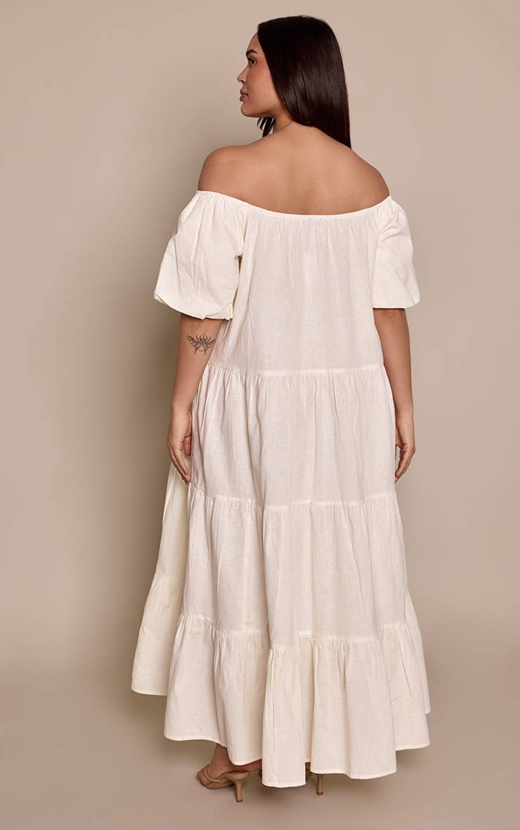 Crème Robe Maxi Grande Taille À Encolure Bardot Étagée Effet Lin