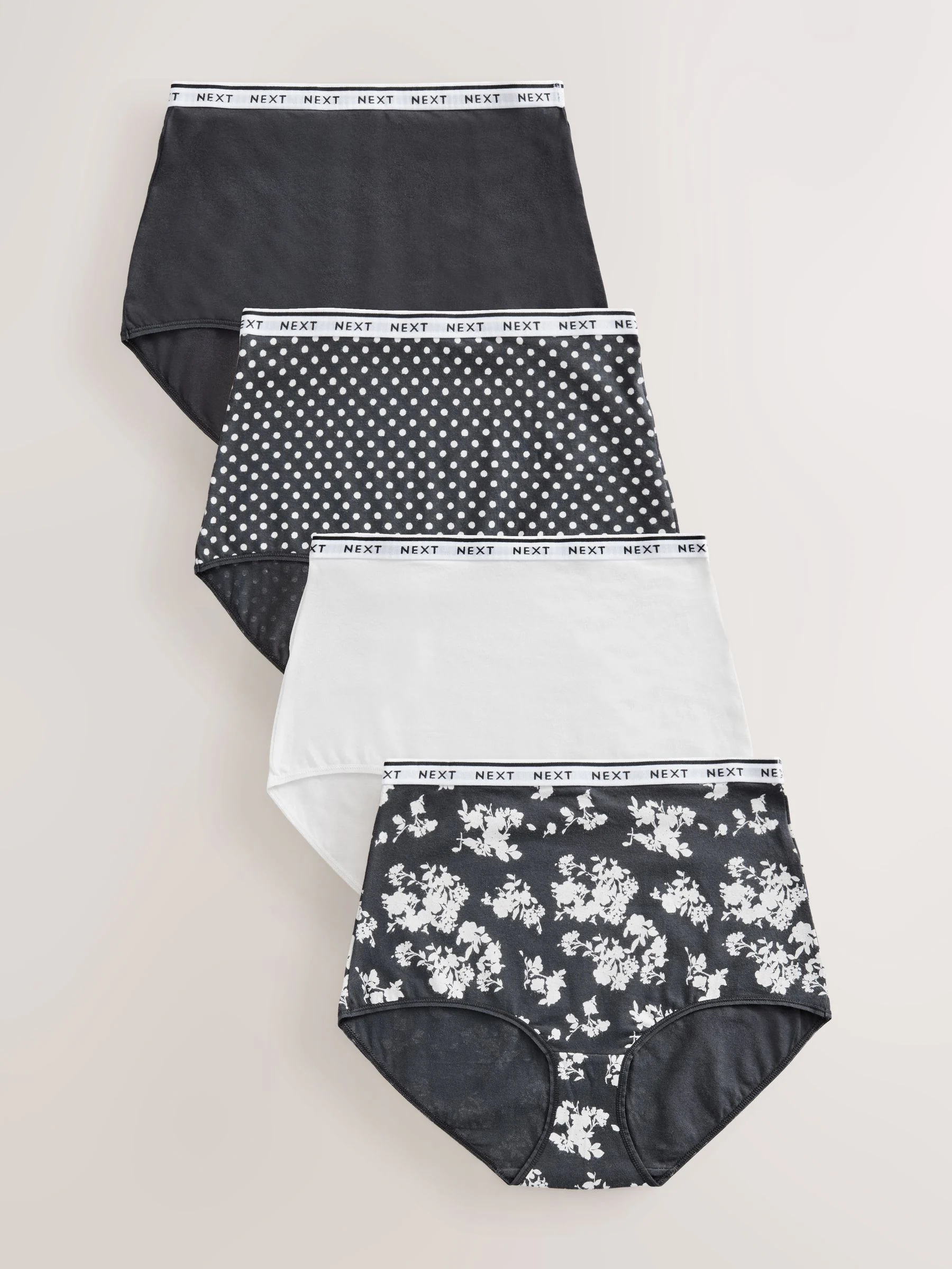 Zwart/wit met bloemenprint - 4 Katoenen slipjes met logotailleband