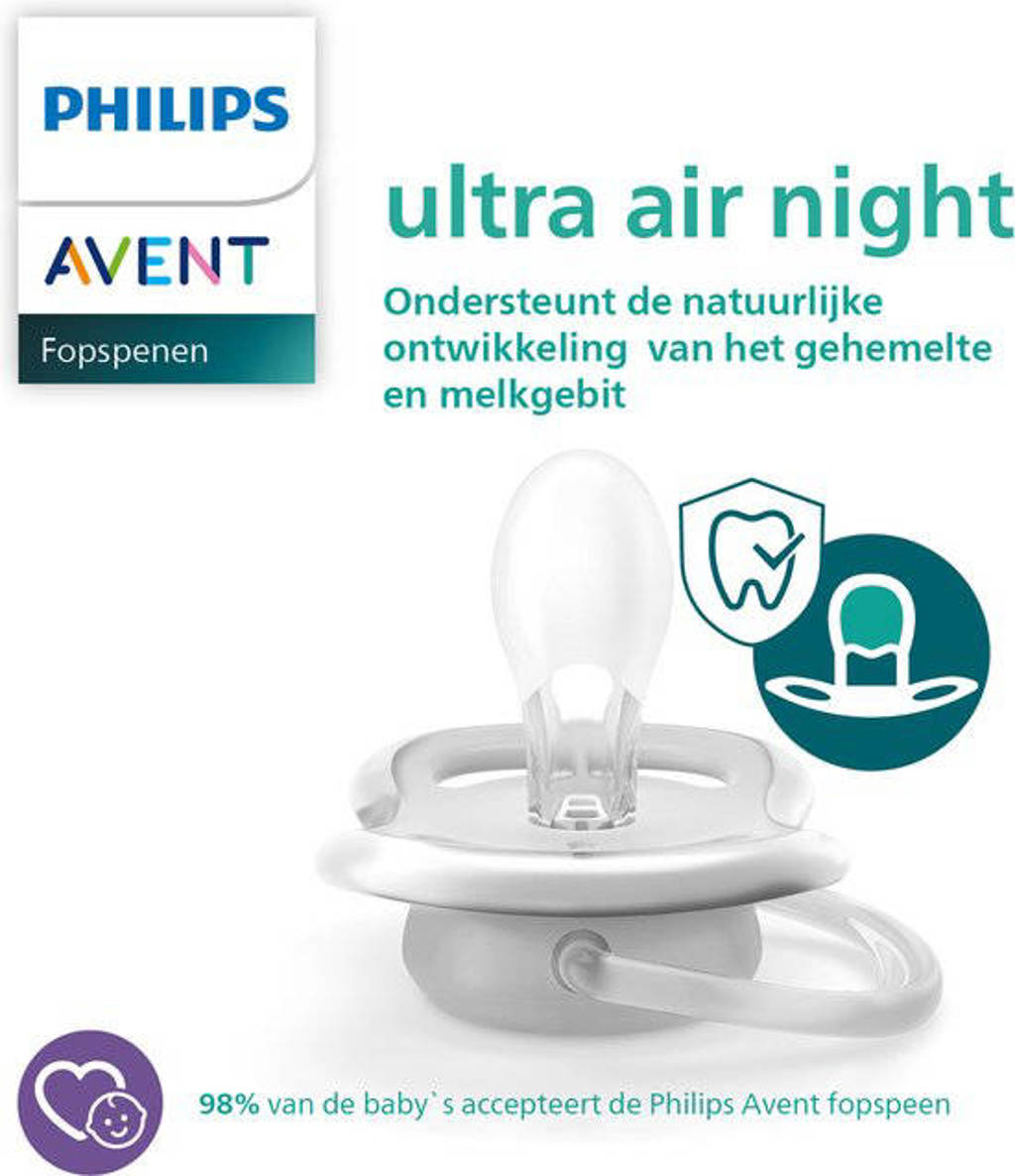 Schattige spenen met glow in the darkfopspeen 18M+ 2 stuks SCF376/23