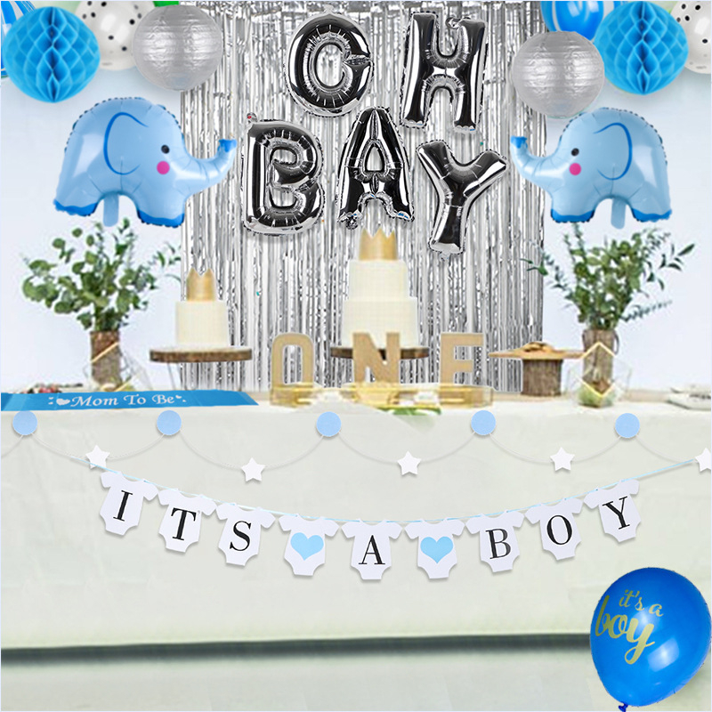 (70-tlg. Set) Baby Party Luftballons / Lampions / Wabenkugeln / Lametta Vorhang Party Deko Baby Shower / Geburt - It's a Boy