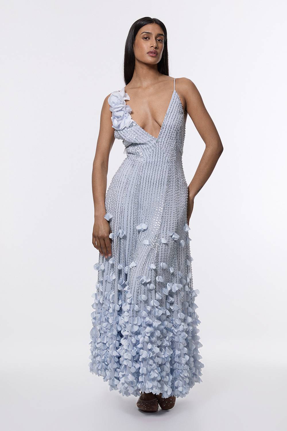 KarenMillen Robe maxi tissée à appliques de cristal et rosette à fines bretelles