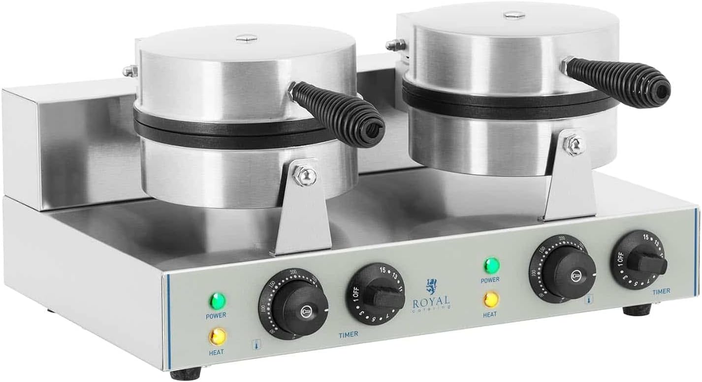 Royal Catering RCWM-2600-R Waffeleisen Waffelgerät Waffelautomat Waffle Maker Belgische Waffel Doppelt Rund (2 x 1.300 Watt, Timer 15 min, Teflon & Aluminium, Edelstahl), Silber