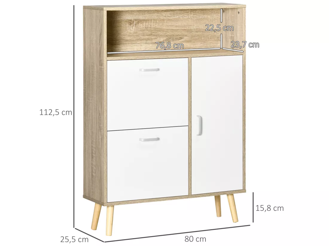 Meuble à chaussures design scandinave placard 3 portes 3 étagères niche piètement effilé incliné bois panneaux aspect chêne clair