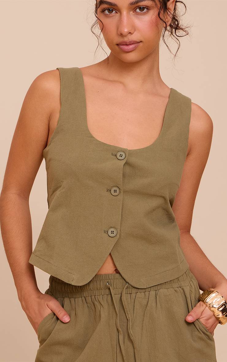 Kaki Gilet Ajusté Col Rond Aspect Lin Sur Mesure