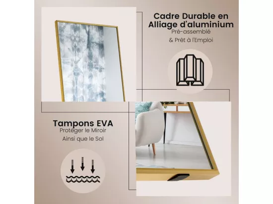 Miroir sur pied rectangulaire-miroir mural, 40 x 160 cm, angle d'inclinaison réglable, or
