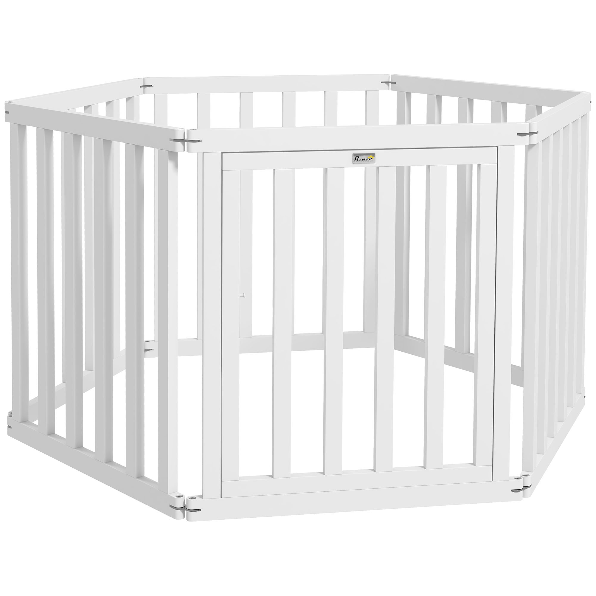 Cercado para cães PawHut com 6 painéis, 60x70 cm, dobrável, em pinho, com portão, pés de borracha antiderrapantes e formato personalizável para corredores e escadas, branco.