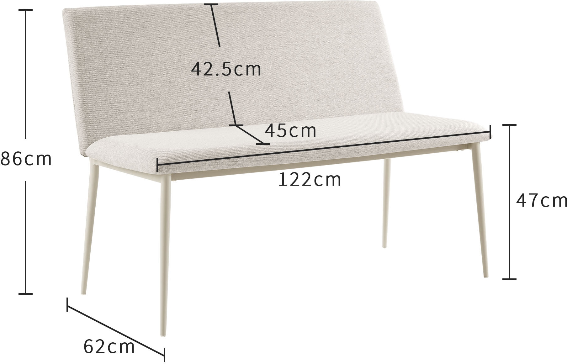 GOODproduct Essgruppe »Kryce« Set, 120 cm Esstisch + 2 Stühle + Bank, 4 Stk. tlg. Strukturstoff, robustem Metallgestell, Tischplatte aus Sinterstein