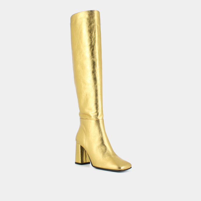 Bottes à talon haut et bout carré  en cuir métallisé or