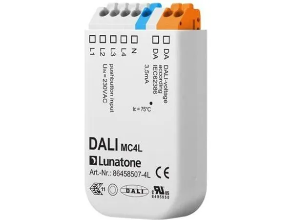 DALI-2 input modul med 4 indgang som forbindes til 230V afbrydere med fjederretur. Modulet placeres i dåsen bag trykket.
