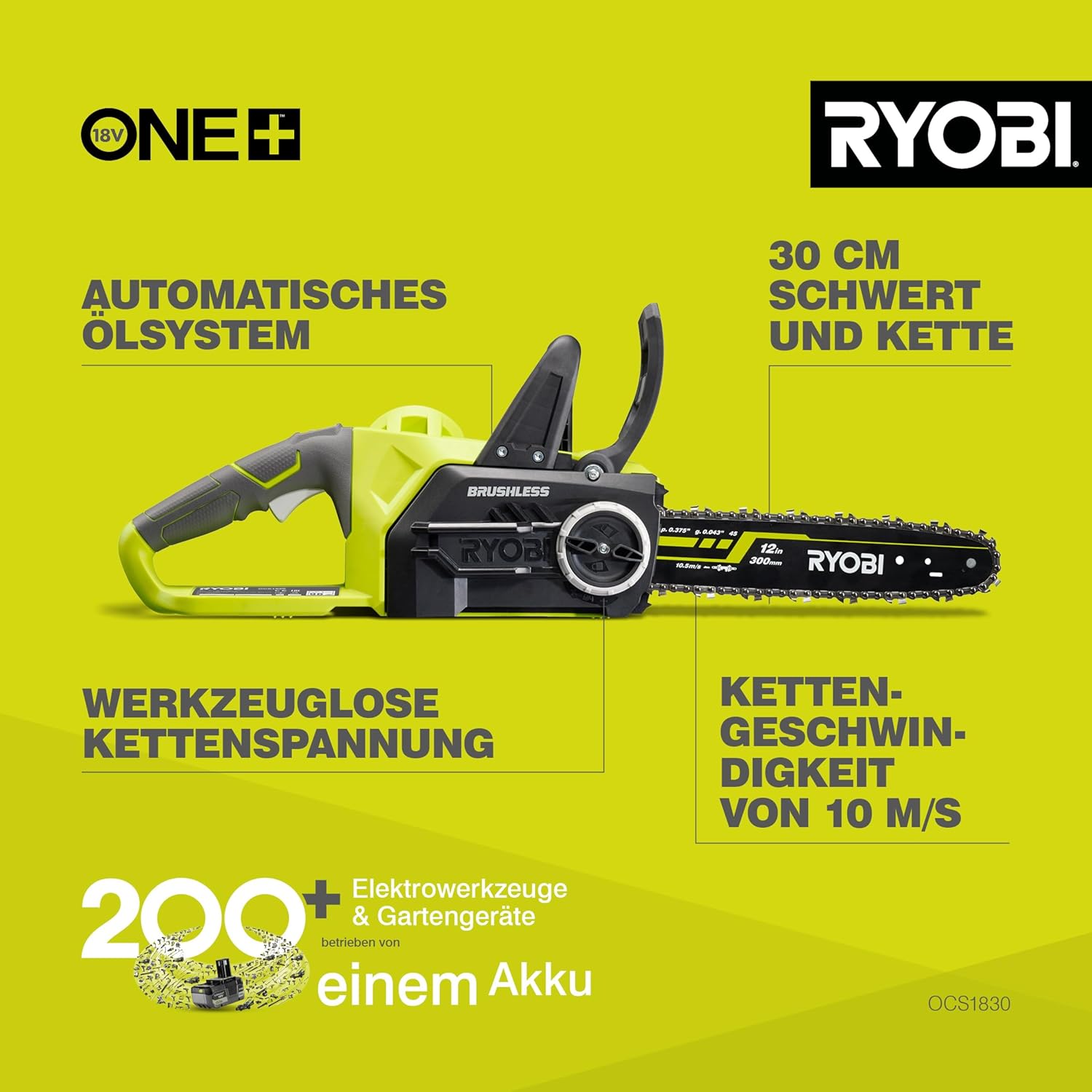 RYOBI 18 V ONE+ Brushless Akku-Kettensäge OCS1830, Schwertlänge 30 cm, bürstenloser Motor, werkzeugloses Kettenspannen, ohne Akku und Ladegerät