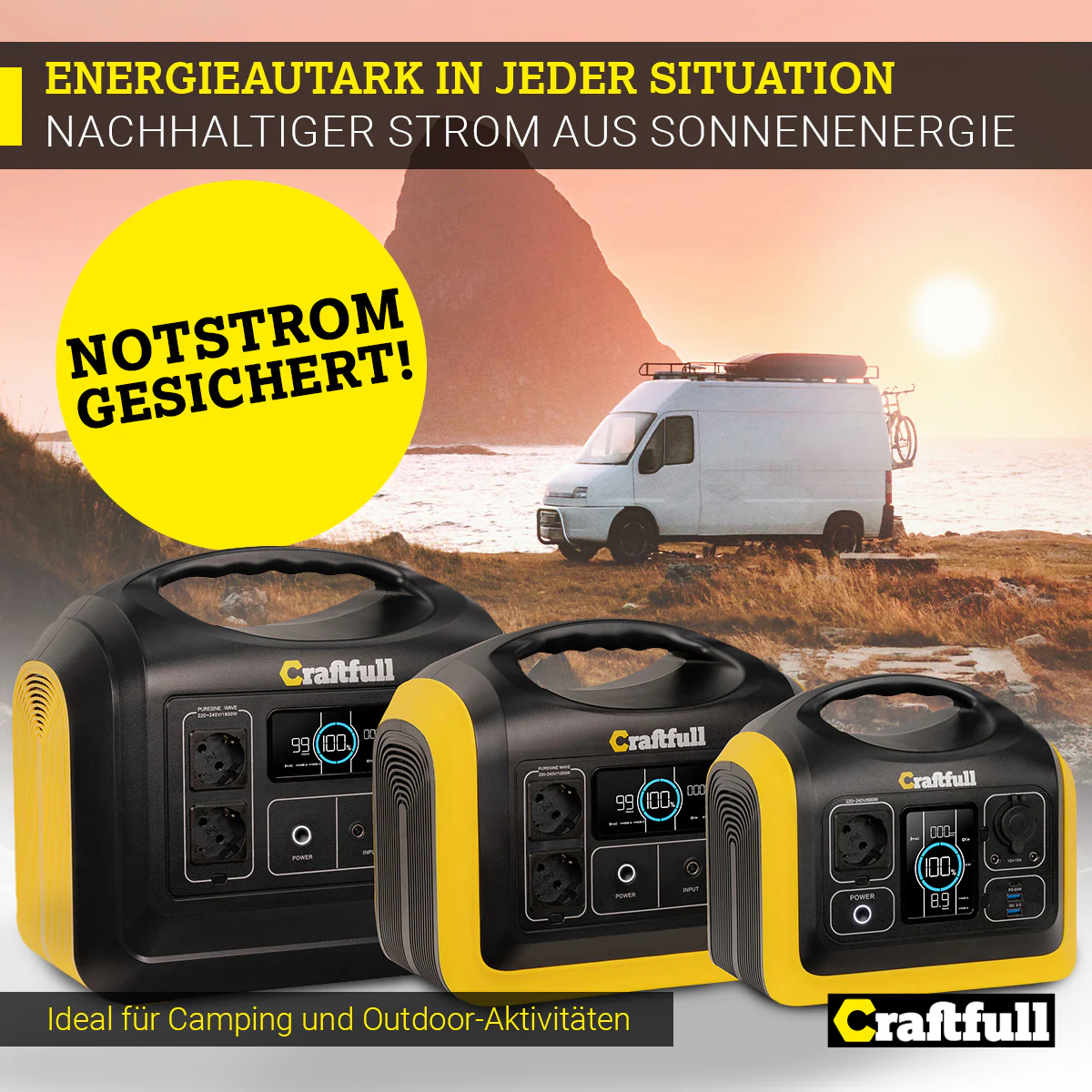 Craftfull Powerstation Adventure CP-600, 595 Wh, 600 Watt, tragbar, Lithium-Akku, Steckdose, USB (Schwarz/Gelb)
