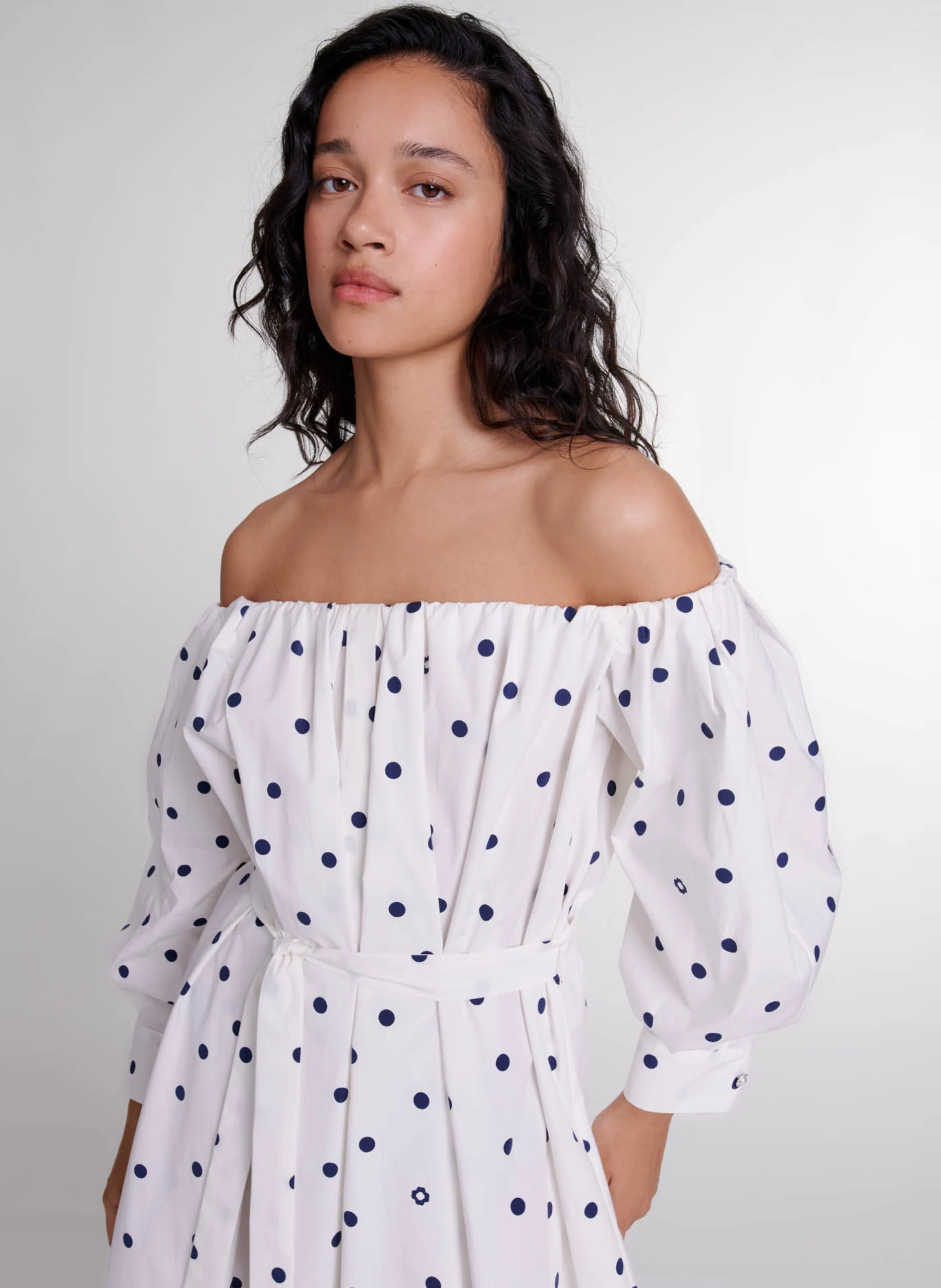 Robe chemise ajustée encolure bardot en coton mélangé imprimé | Multicolore