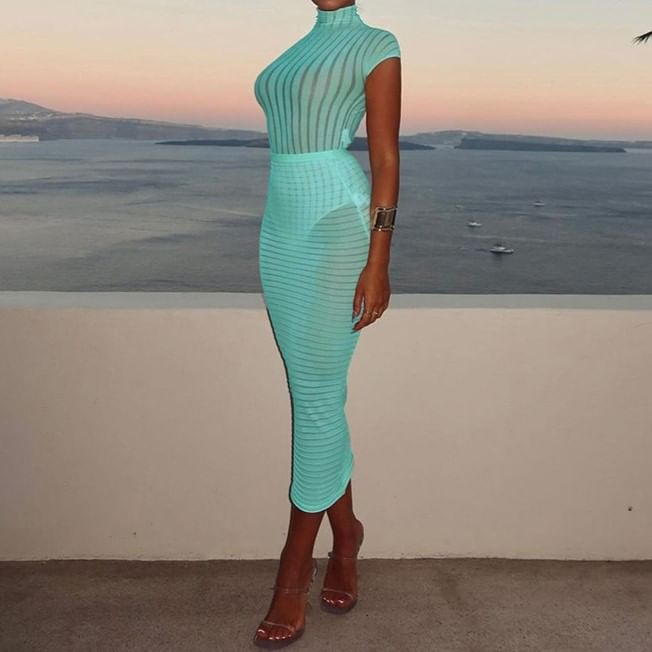 Weaveal - Set: Top met geribbelde, effen kapmouw en hals + Midi-kokerrok met hoge taille