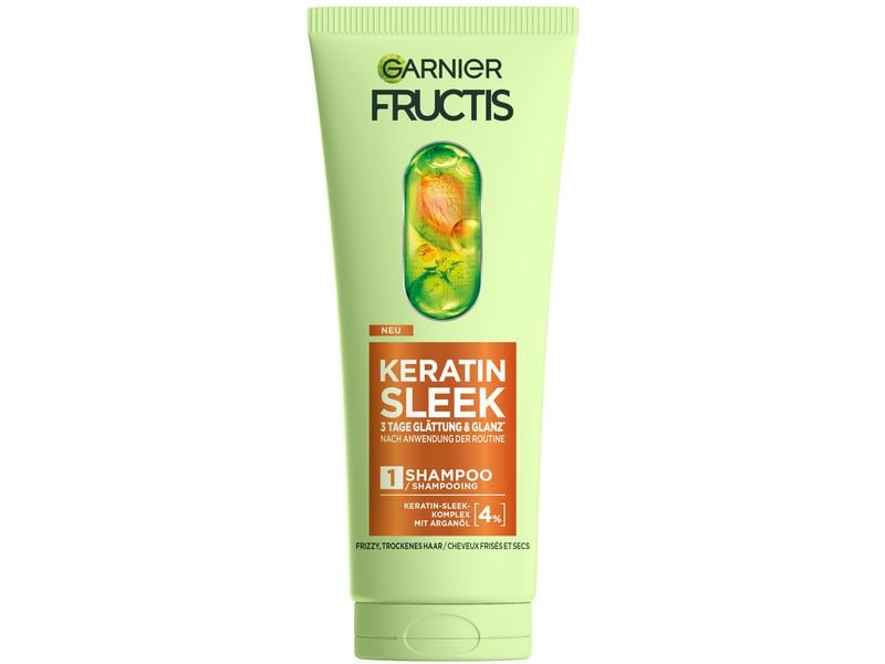 Garnier Shampoo Keratin Sleek 200 ml Shampoo für trockenes, zu Frizz neigendes Haar, glättet die Haarfaser und sorgt für Glanz und Geschmeidigkeit