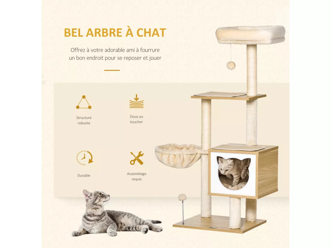 Arbre à chat multi-équipement griffoirs grattoirs niche hamac panier coussins amovibles H126 cm peluche courte sisal naturel beige