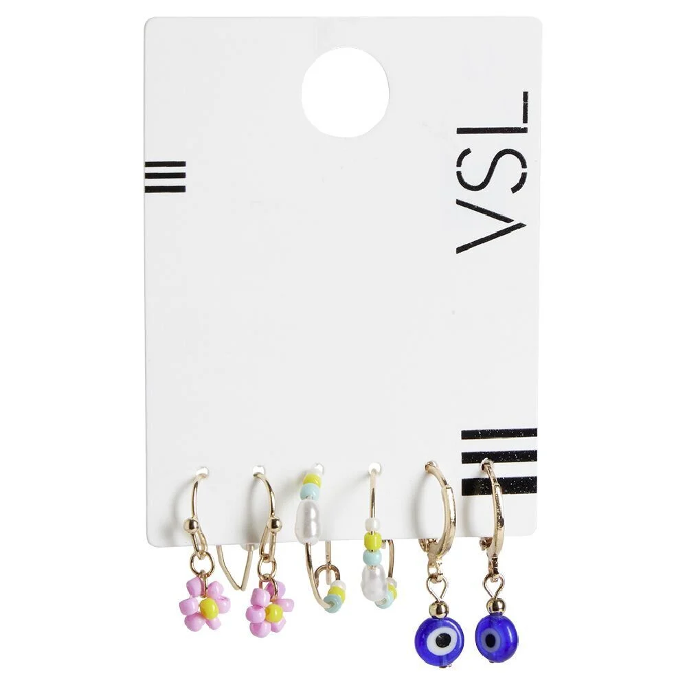 Lot de 3 paires de mini créoles colorées pendentif oeil/fleur/perles
