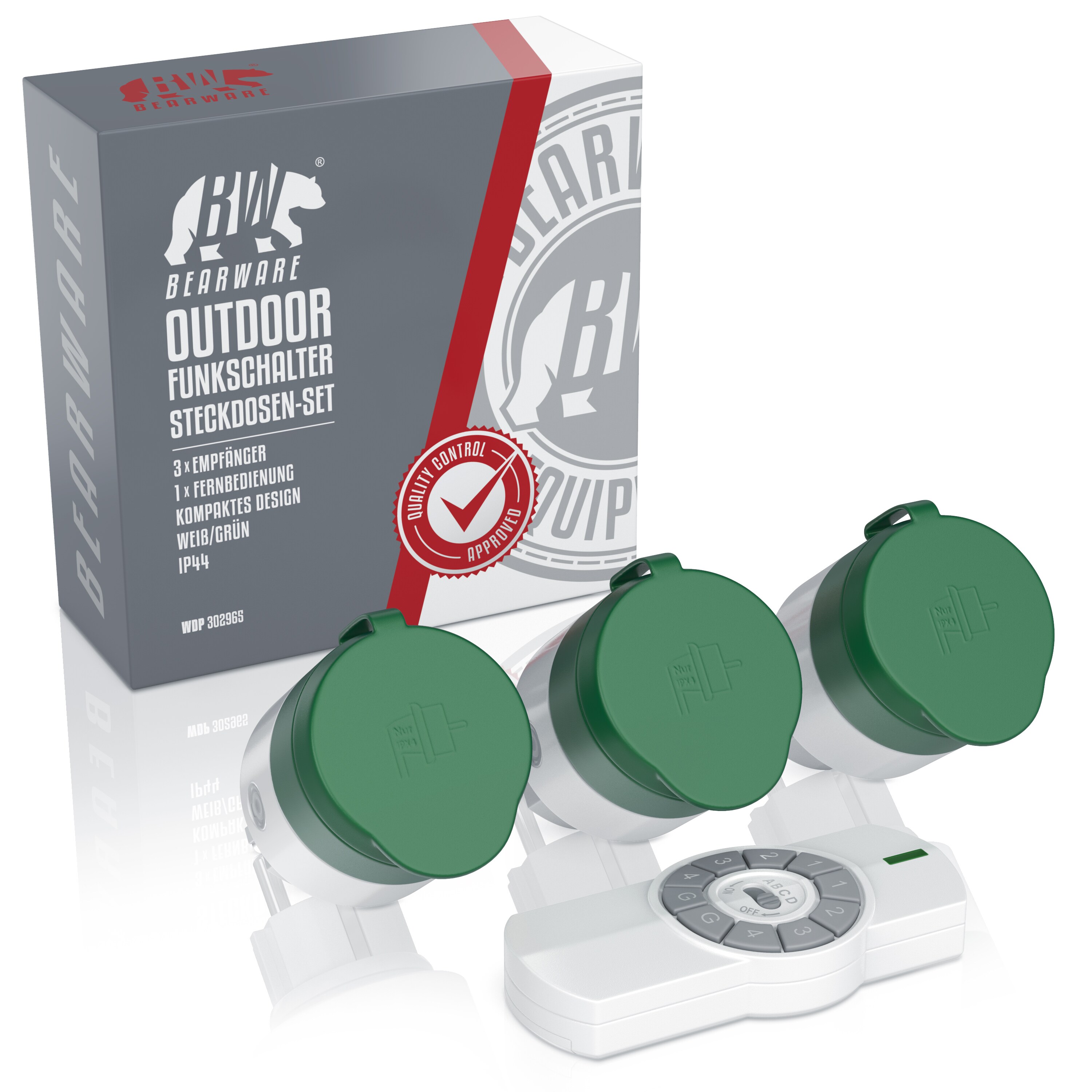 BEARWARE Außenbereich Funksteckdosen-Set 3x Outdoor Steckdosen + Fernbedienung / max. 25m