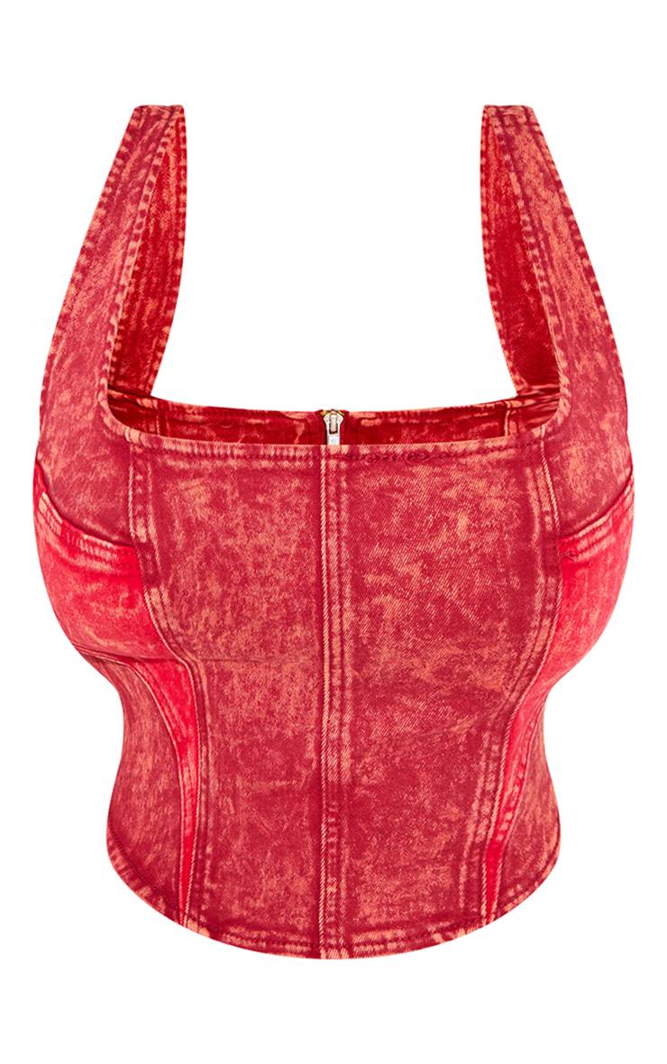 Rouge Corset En Denim Délavé Sculptant