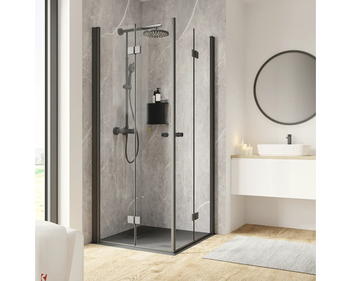 Hoekinstapdeur met draai-vouwdeur SCHULTE Garant 2.0 ExpressPlus 80 x 80 cm, aluminium profiel, helder glas, vuilafstotende glascoating, deur linksdraaiend, deur rechtsdraaiend, buffergreep