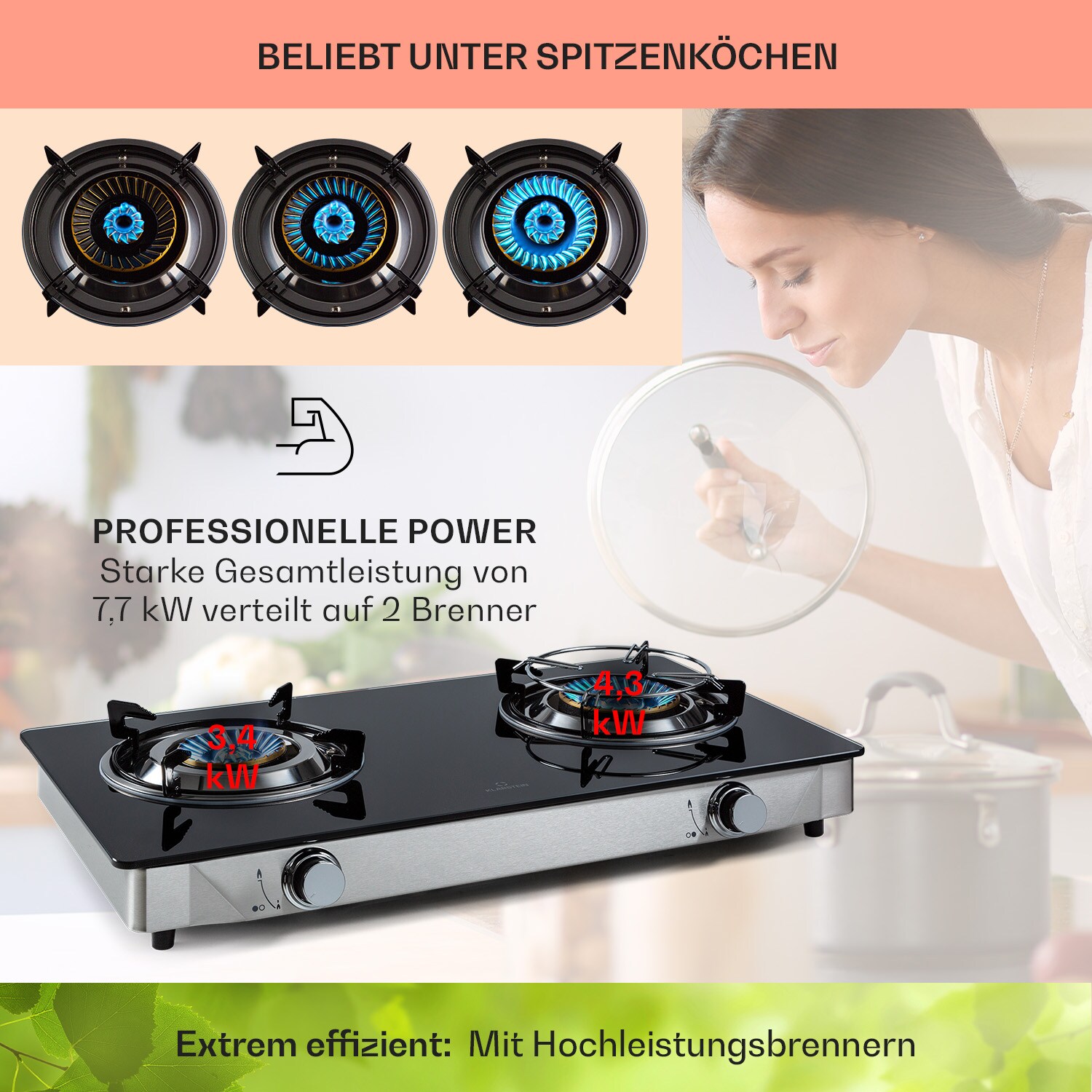 Barzona 2 Campingkocher 2 Brenner 3,4 & 4,3 kW Glasplatte Edelstahl 2 Brenner