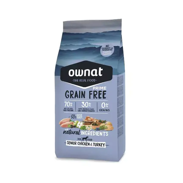 Ração Ownat Grain Free Prime Senior para Cães, Sabor Frango e Peru, 3kg