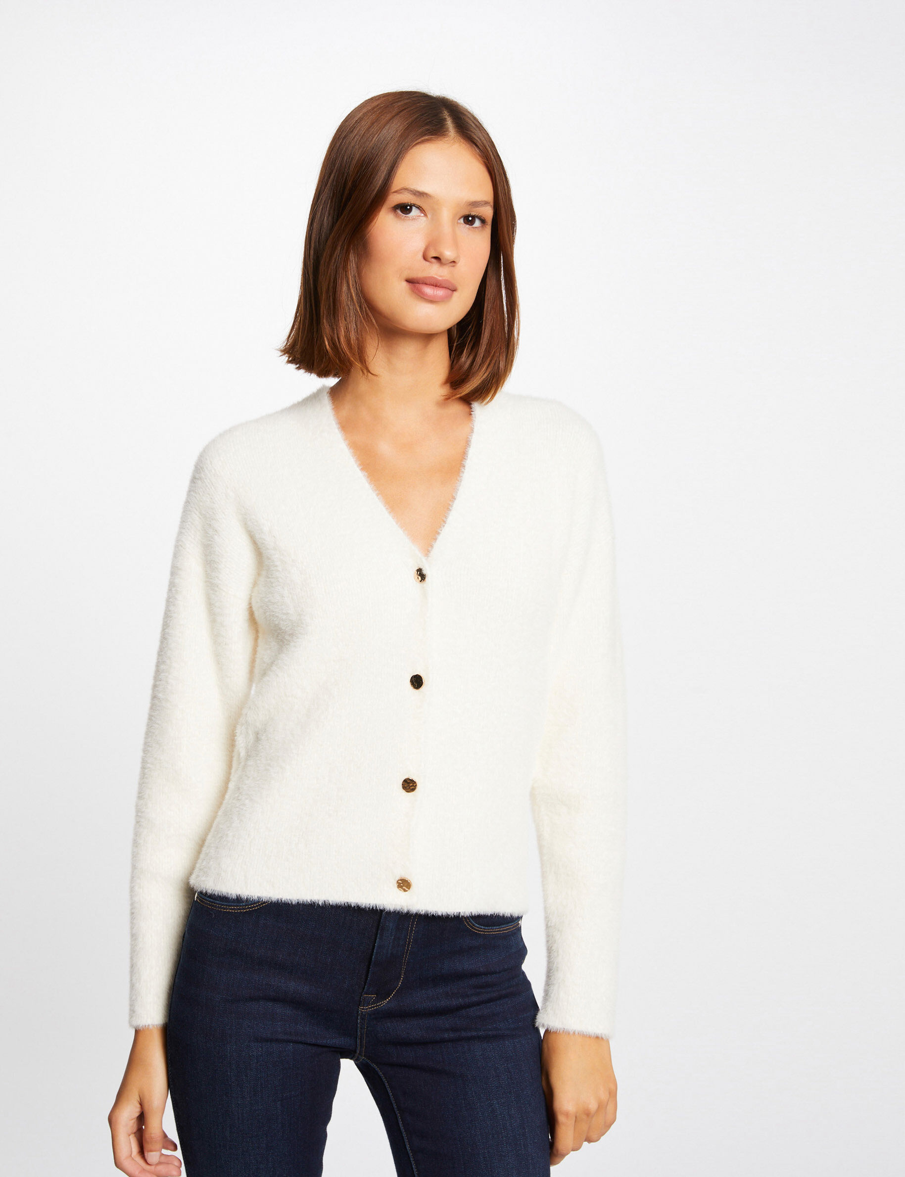 Gilet manches longues avec col en V ivoire femme - ivoire
