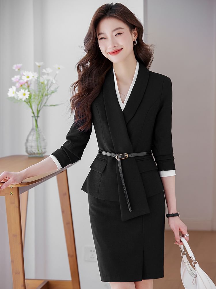Skyheart - Effen asymmetrische blazer / V-hals shirt / Hoge taille kokerrok / Rechte broek
